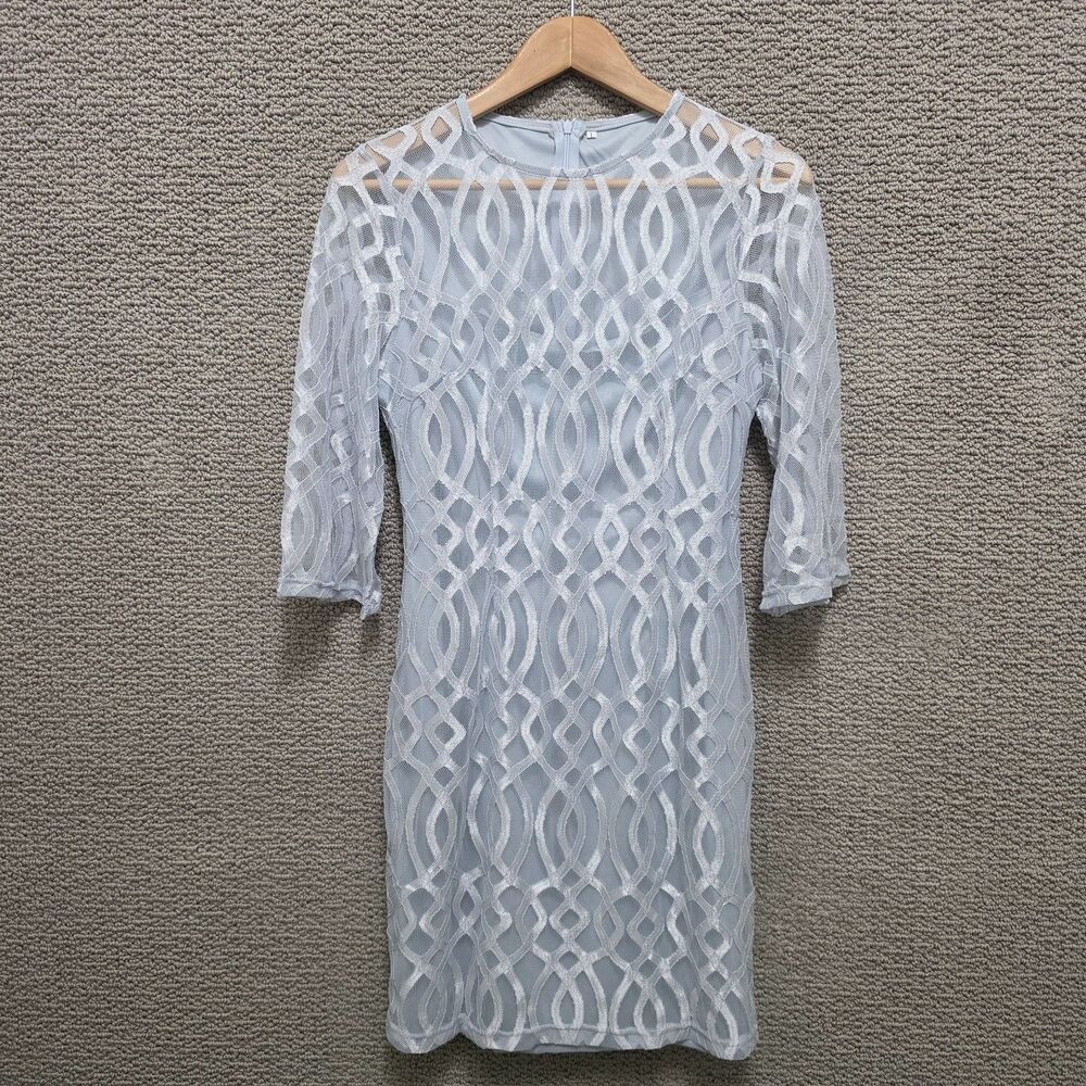 Women's Light Blue Geometric Lace Overlay 3/4 Sleeve Sheath Dress Size L